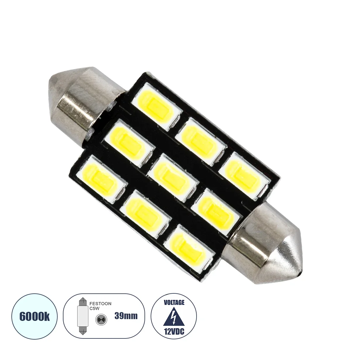 Φωτογραφία προϊόντος: GloboStar® 81307 Λάμπα Αυτοκινήτου LED 39mm FESTOON - C5W 9xSMD5630 4.5W 675lm 120° DC 12-16V IP20 Μ3.9 x Π1.2 x Υ1.2cm Ψυχρό Λευκό 6000K