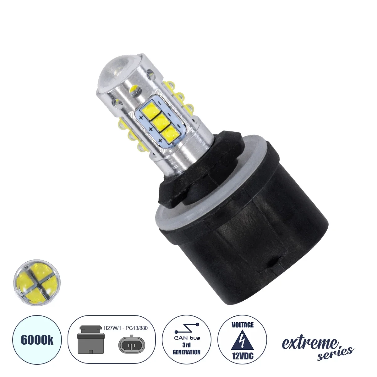 Φωτογραφία προϊόντος: GloboStar® 81456 Λάμπα Αυτοκίνητου H27W/1 - PG13/880 3rd Generation Can-Bus Extreme Series LED 16 XBD CREE & 4 SMD 4014 12W 1800lm 360° DC 12V IP20 Ψυχρό Λευκό 6000K