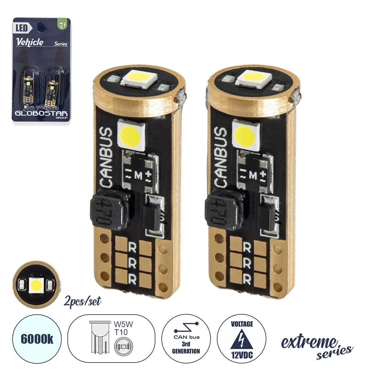 Φωτογραφία προϊόντος: GloboStar® 81115-B Λάμπες Αυτοκινήτου LED T10 - W5W 3rd Generation Can-Bus Extreme Series 3xSMD3030 3W 423lm 360° DC 12-16V IP20 Φ1 x Υ2.5cm Ψυχρό Λευκό 6000K - Σετ 2 Τεμαχίων σε B