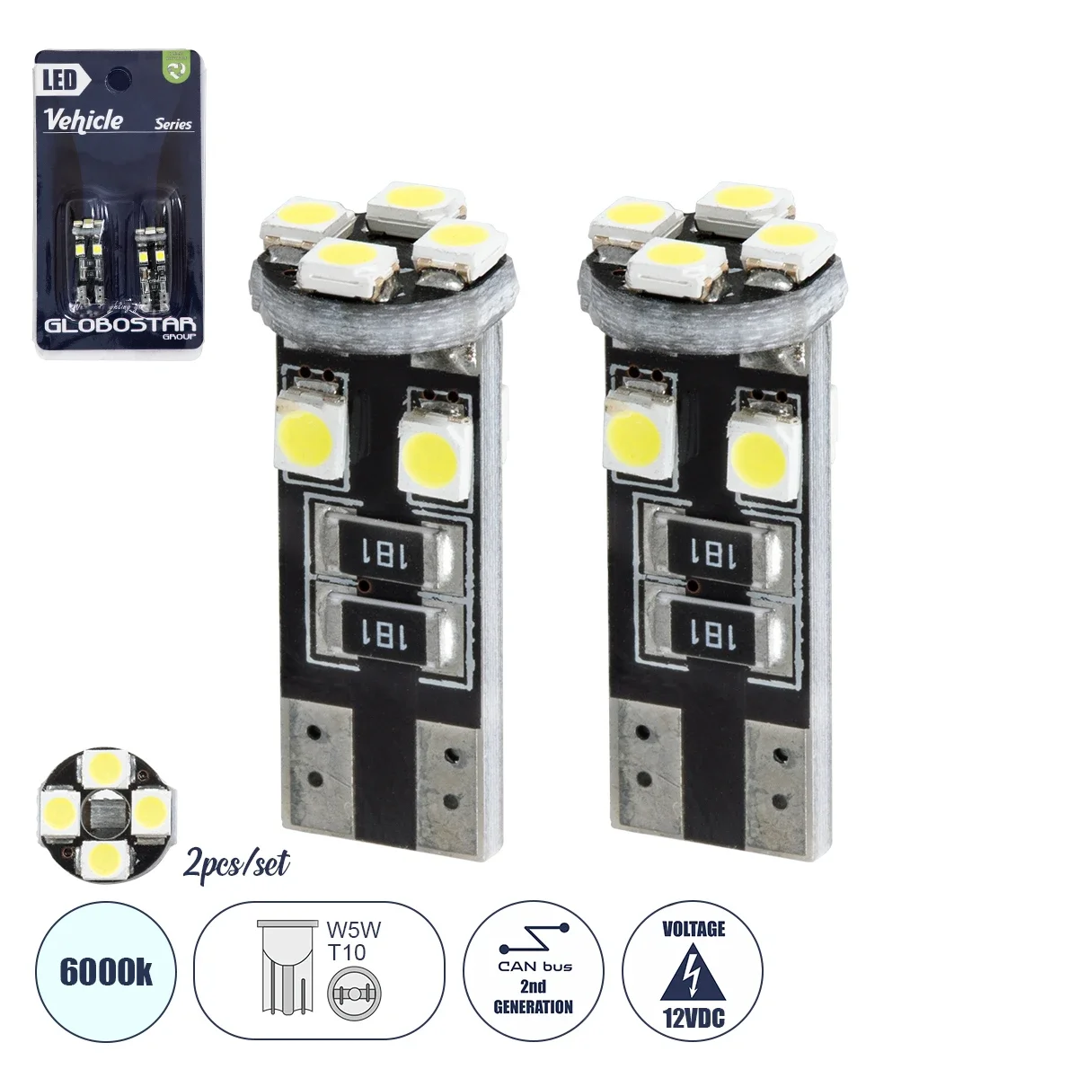 Φωτογραφία προϊόντος: GloboStar® 81119-B Λάμπες Αυτοκινήτου LED T10 - W5W 2rd Generation Can-Bus Series 8xSMD1210 2.6W 390lm 360° DC 12-16V IP20 Φ1 x Υ2.6cm Ψυχρό Λευκό 6000K - Σετ 2 Τεμαχίων σε Blister