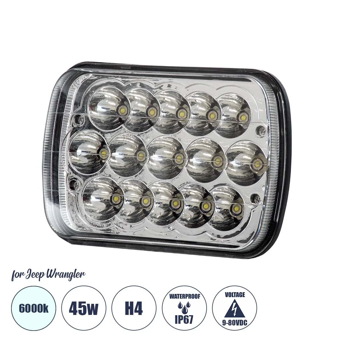 Φωτογραφία προϊόντος: GloboStar® 85421 Φανάρι JEEP WRANGLER βασικού φωτισμού H4 H/L LED CREE CXB COB 45W 4500lm DC 9-80V αδιάβροχο IP67 ψυχρό λευκό 6000K