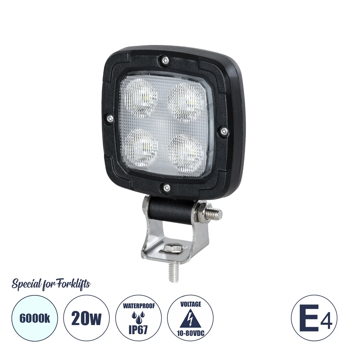 Φωτογραφία προϊόντος: GloboStar® 85399 E4 Mark Vehicle & Forklift Work Lights - Φώτα εργασίας για οχήματα περονοφόρα - κλάρκ LED 20W DC 10-80V αδιάβροχο IP67 ψυχρό λευκό 6000K Μ11 x Π11 x Υ5cm