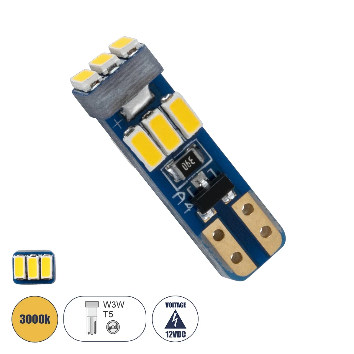 Φωτογραφία προϊόντος: GloboStar® 81468 Λάμπα Αυτοκινήτου LED T5 9xSMD3014 0.25W 30lm 360° DC 12-16V IP20 Μ0.5 x Π0.4 x Υ1.8cm Θερμό Λευκό 3000K