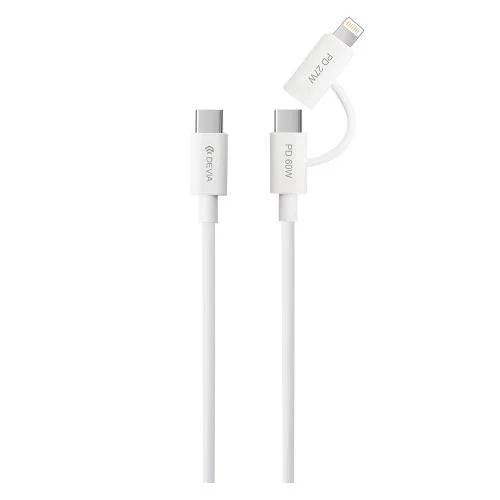 Φωτογραφία προϊόντος: Καλώδιο Σύνδεσης USB 2.0 Devia EC404 2 σε 1 USB C σε USB C & Lightning PD 60W & 27W 1.2m Smart Λευκό N67012