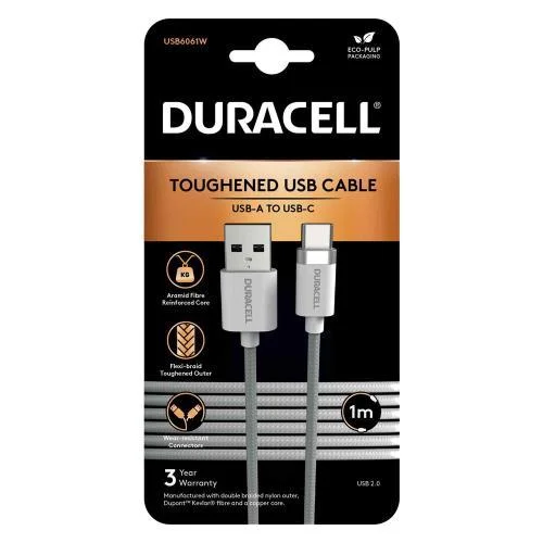 Φωτογραφία προϊόντος: Καλώδιο Σύνδεσης USB 2.0 Duracell Braided Kevlar USB A σε USB C 15W 1m Λευκό N63357
