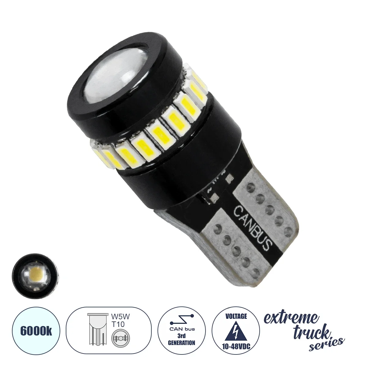 Φωτογραφία προϊόντος: GloboStar® 81463 Λάμπα Αυτοκινήτου LED T10 W5W 3rd Generation Can-Bus Extreme Truck Series 18xSMD3014 1.3W 156lm 360° DC 10-48V IP20 Φ1.2 x Υ2.8cm Ψυχρό Λευκό 6000K