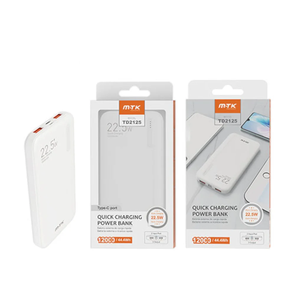 Φωτογραφία προϊόντος: MTK POWER BANK 12000mAh/44.4Wh 2USB MICRO USB/TYPE C ΛΕΥΚΟ