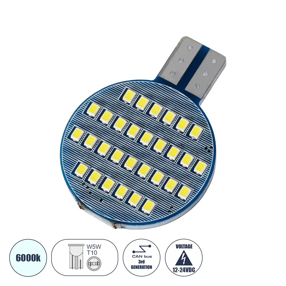Φωτογραφία προϊόντος: GloboStar® T10 W5W 81481 Λάμπα Αυτοκινήτου LED 3rd Generation Can-Bus 30xSMD2016 4.55W 546lm 120° DC 12-24V IP20 Μ2.7 x Π0.9 x Υ3.7cm Ψυχρό Λευκό 6000K