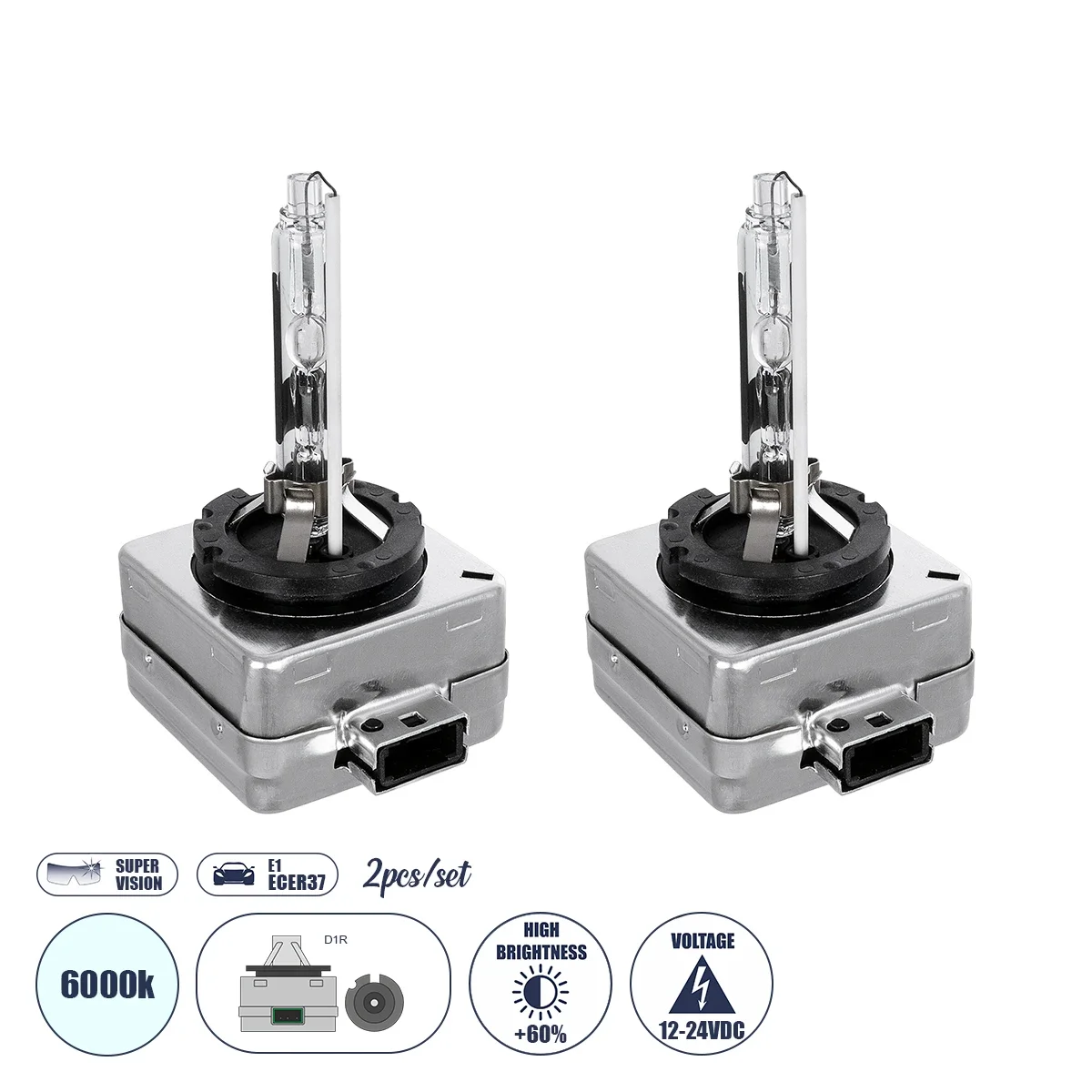 Φωτογραφία προϊόντος: GloboStar® D1S/D1R 84031 Λάμπες Αυτοκινήτου HID Xenon Super Vision High Brightness +60% E1 ECER37 360° DC 12-24V IP20 Μ4 x Π5 x Υ8cm 6000K- Σετ 2 Τεμαχίων