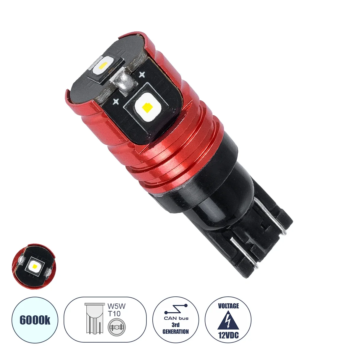 Φωτογραφία προϊόντος: GloboStar® T10 81509 Λάμπα Αυτοκίνητου W5W 3838 3SMD CANBUS 3W 300LM DC12V IP20 Ψυχρό Λευκό 6000K