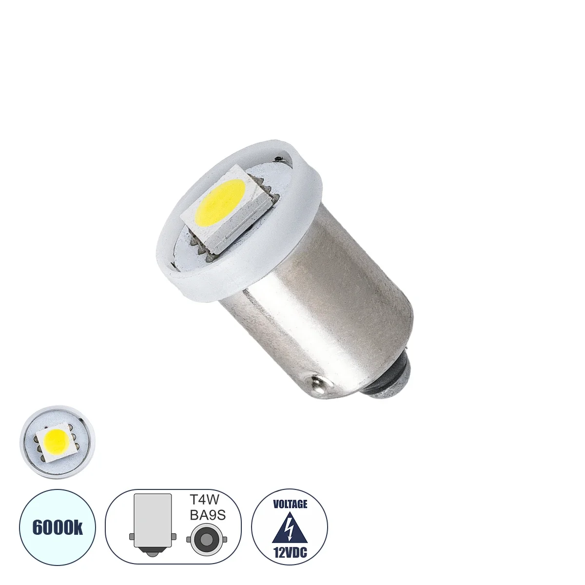 Φωτογραφία προϊόντος: GloboStar® BA9S T4W 81282 Λάμπα Αυτοκίνητου 5050 1SMD HIGH BRIGHT 0.12W 12LM DC12V IP20 Ψυχρό Λευκό 6000K