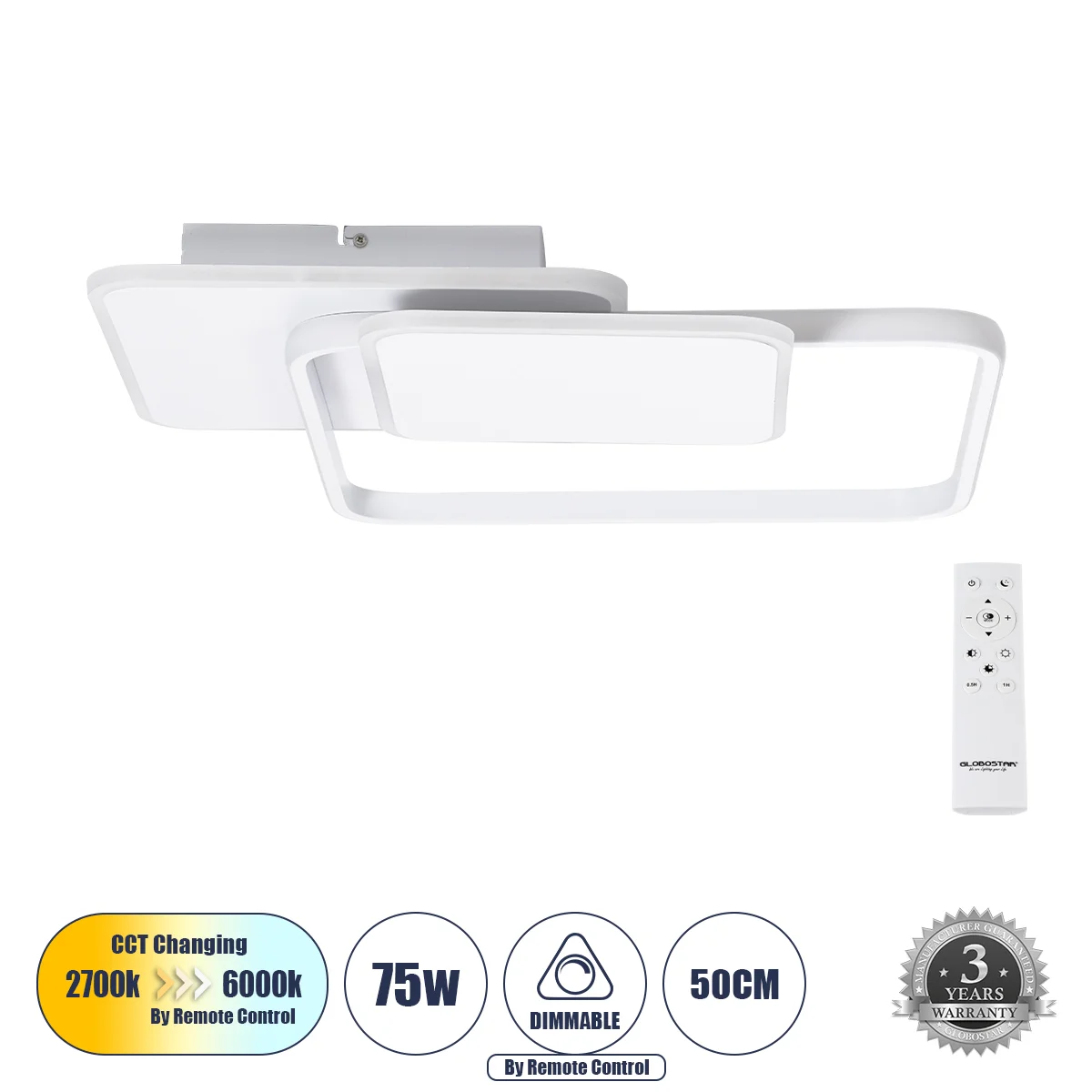 Φωτογραφία προϊόντος: GLOBOSTAR® SQUARO 61232 Μοντέρνο Φωτιστικό Οροφής LED 75W 8400lm 360° AC 220-240V IP20 Ρυθμιζόμενο Λευκό CCT με Χειριστήριο από 2700K έως 6000K Dimmable - Lumileds SMD Chip - Λευκό