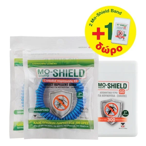 Φωτογραφία προϊόντος: Menarini Mo-Shield Insect Repellent Band Απωθητικό Βραχιόλι Για Κουνούπια & Σκνίπες Μπλε 2 τμχ + Δώρο Mo-Shield Go 17 ml