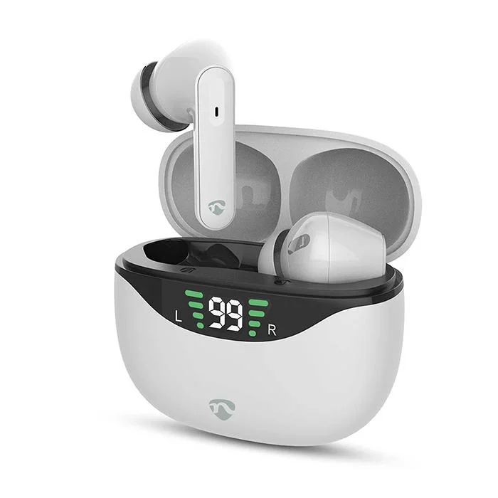 Φωτογραφία προϊόντος: NEDIS Bluetooth ακουστικά handsfree με θήκη φόρτισης και λειτουργία noise cancelling (ANC), σε λευκό χρώμα.