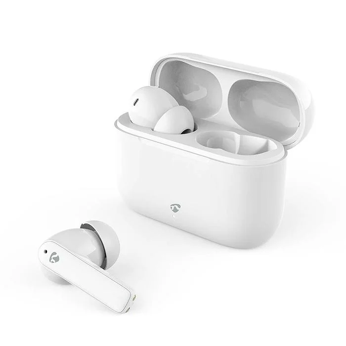 Φωτογραφία προϊόντος: NEDIS Bluetooth ακουστικά handsfree με θήκη φόρτισης και λειτουργία environmental noise cancelling (ENC), σε λευκό χρώμα.