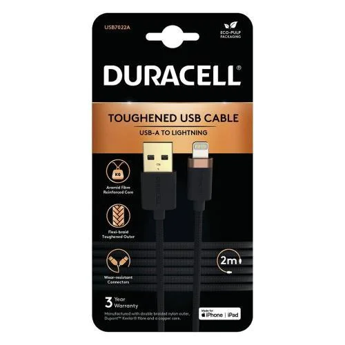 Φωτογραφία προϊόντος: Καλώδιο Σύνδεσης USB 2.0 Duracell Braided Kevlar USB A σε MFI Lightning 15W 2m Μαύρο N57514