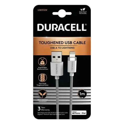 Φωτογραφία προϊόντος: Καλώδιο Σύνδεσης USB 2.0 Duracell Braided Kevlar USB A σε MFI Lightning 12W 1m Λευκό N57529