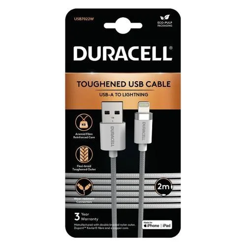 Φωτογραφία προϊόντος: Καλώδιο Σύνδεσης USB 2.0 Duracell Braided Kevlar USB A σε MFI Lightning 15W 2m Λευκό N57517
