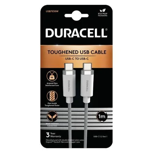 Φωτογραφία προϊόντος: Καλώδιο Σύνδεσης USB 3.2 Duracell Braided Kevlar USB C σε USB C 60W 1m Λευκό N57516