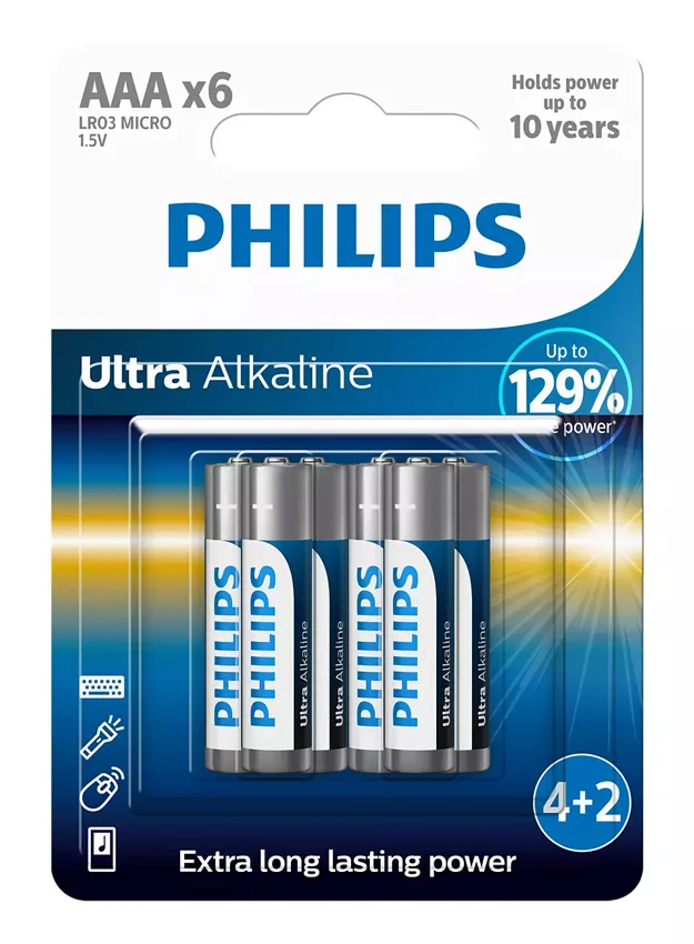 Φωτογραφία προϊόντος: PHILIPS Ultra αλκαλικές μπαταρίες LR03E6BP/10, AAA LR03 1.5V, 6τμχ