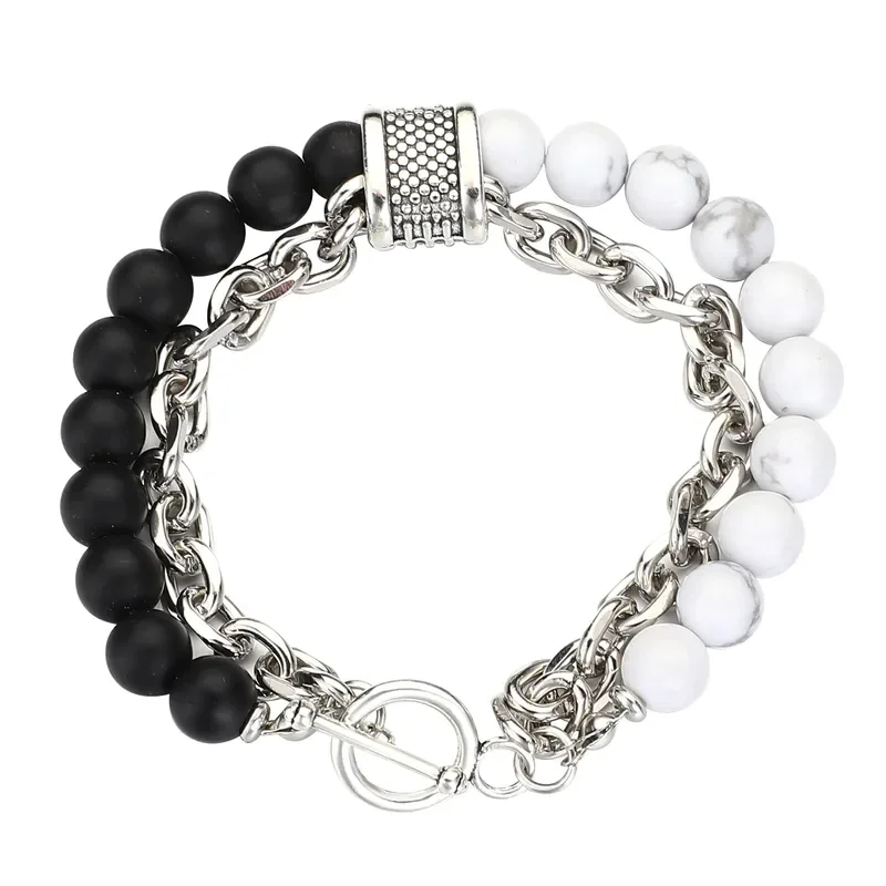 Φωτογραφία προϊόντος: Peach Jewelry Peach Jewerly Διπλό Ανδρικό Βραχιόλι Από Ανοξείδωτο Ατσάλι Και Χάντρες Μαύρο-Λευκό