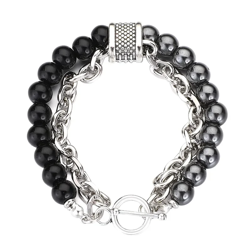 Φωτογραφία προϊόντος: Peach Jewelry Peach Jewerly Διπλό Ανδρικό Βραχιόλι Από Ανοξείδωτο Ατσάλι Και Χάντρες Μαύρο-Γκρι