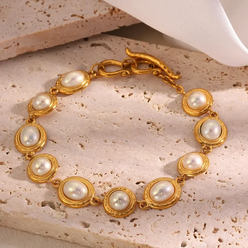 Φωτογραφία προϊόντος: Peach Jewelry Peach Jewerly Βραχιόλι Από Ανοξείδωτο Ατσάλι Επιχρυσωμένο 18Κ Με Πέρλες