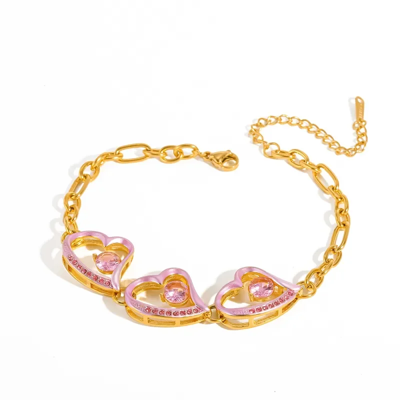 Φωτογραφία προϊόντος: Peach Jewelry Peach Jewerly Γυναικείο Βραχιόλι Από Ανοξείδωτο Ατσάλι 304 Επιχρυσωμένο 18Κ Με Καρδιές Ροζ