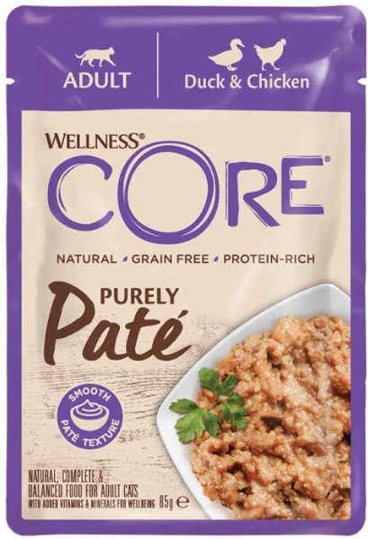 Φωτογραφία προϊόντος: Wellness Core τροφή για ενήλικες γάτες με pate πάπια και κοτόπουλο 85gr Wellness (2058806)