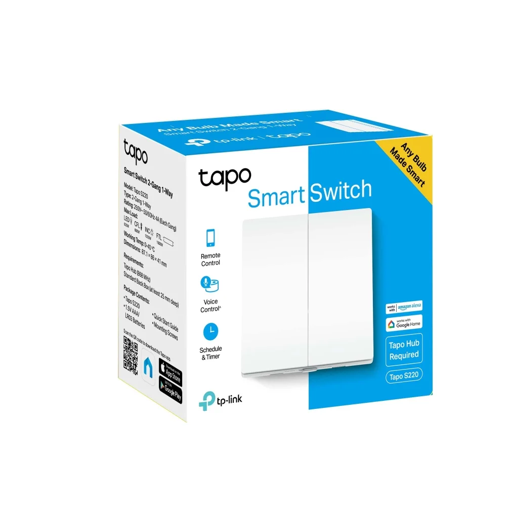 Φωτογραφία προϊόντος: ΤΡ-LΙΝΚ TP-Link Tapo S220 Έξυπνος Διακόπτης Φωτισμού 2-Gang 1-Way χωρίς Ουδέτερο Καλώδιο