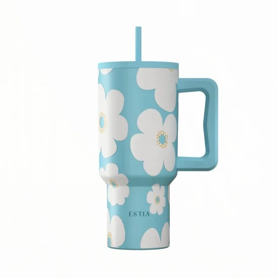 Φωτογραφία προϊόντος: Estia Home Art Estia Save Aegean Ανακυκλώσιμο Handled Tumbler Θερμός Ανοξείδωτο BPA Free 900ml BLUE DAISY με Καλαμάκι και Λαβή Γαλάζιο 01-41618