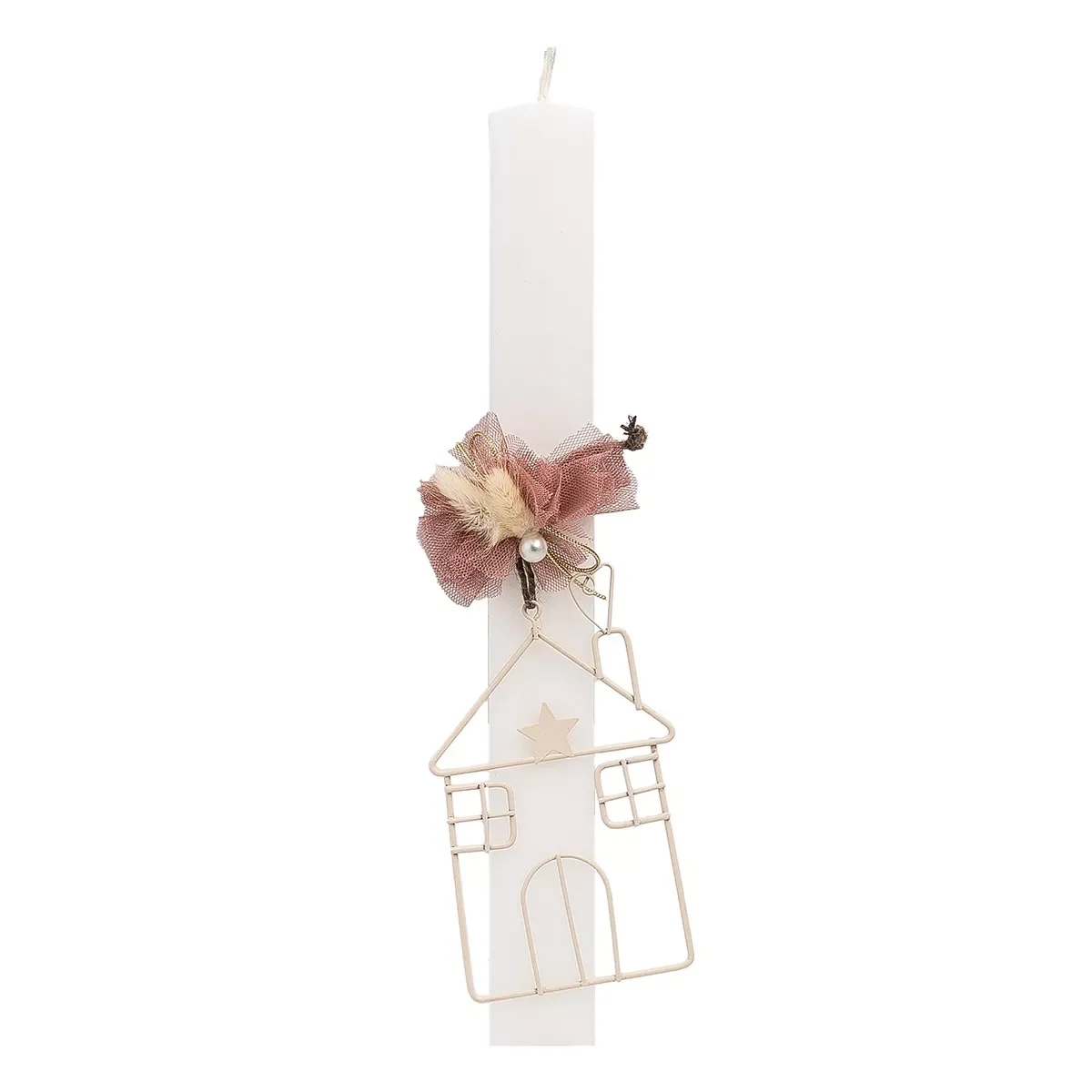 Φωτογραφία προϊόντος: Beauty Home Λαμπάδα Λευκή 33cm Σπίτι Εκρού με Αποξηραμένα