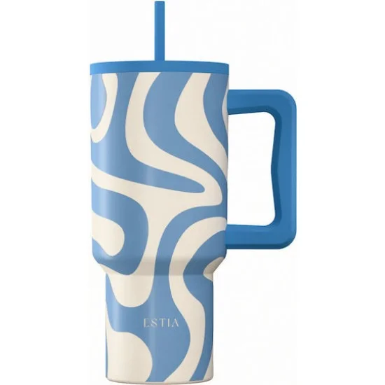 Φωτογραφία προϊόντος: Estia Home Art Estia Save Aegean Ανακυκλώσιμο Handled Tumbler Θερμός Ανοξείδωτο BPA Free 900ml OCEAN WAVES με Καλαμάκι και Λαβή Μπλε 01-41571