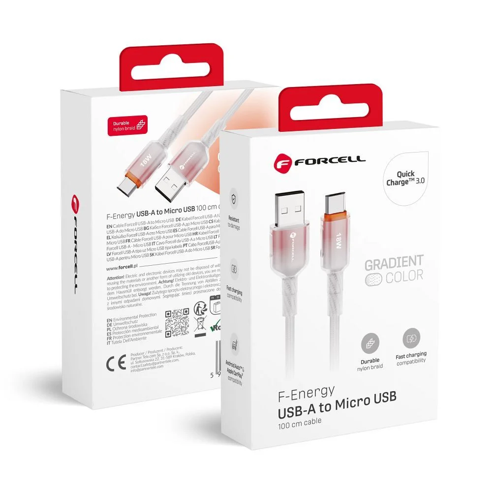 Φωτογραφία προϊόντος: FORCELL F-ENERGY C351 cable USB A to Micro USB QC3.0 2,4A 18W Gradient 1 m white