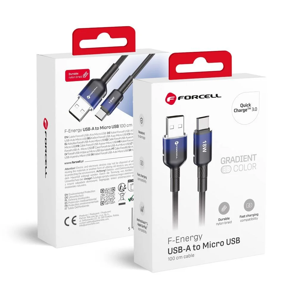 Φωτογραφία προϊόντος: FORCELL F-ENERGY C351 cable USB A to Micro USB QC3.0 2,4A 18W Gradient 1 m black