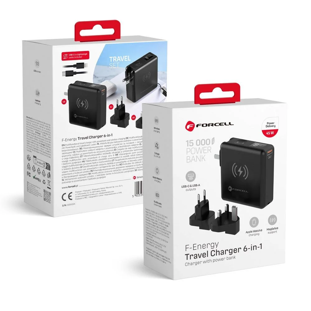 Φωτογραφία προϊόντος: FORCELL F-ENERGY multifunctional charger 45W 6in1 with USB A and USB C sockets, power bank 15000mAh and wireless charging 15W