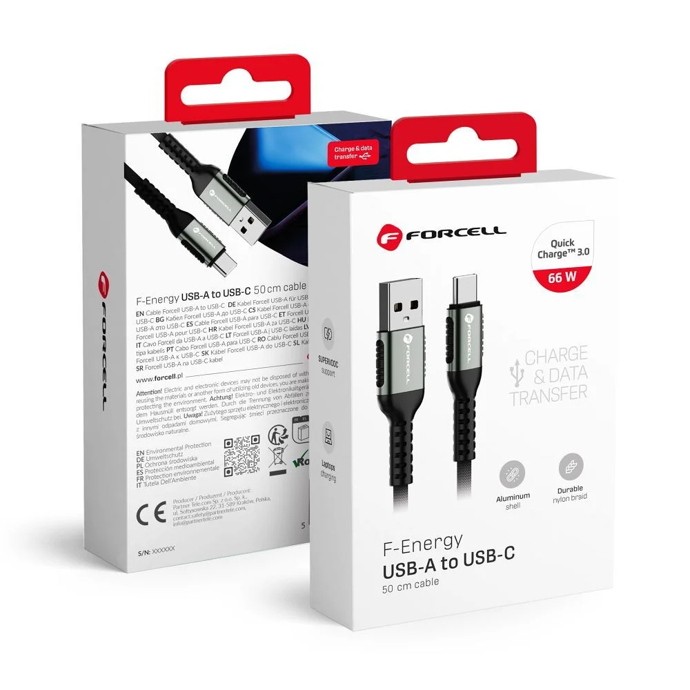 Φωτογραφία προϊόντος: FORCELL F-ENERGY C256 cable USB A to Type C QC4.0 3A 66W Cafule 0,5 m black