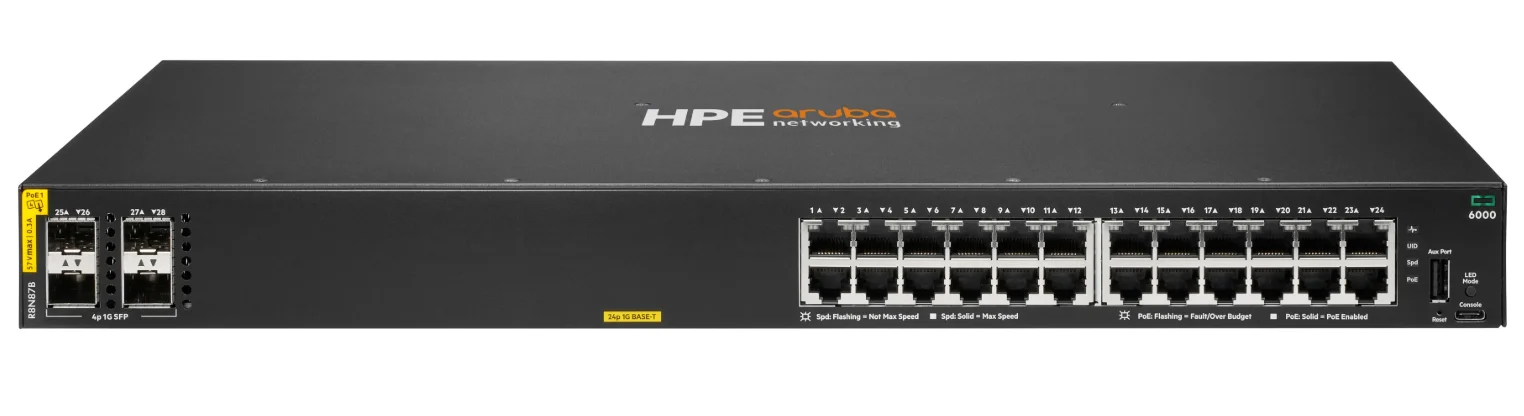 Φωτογραφία προϊόντος: Hewlett Packard HPE Aruba Switch CX 6000 24G 4SFP 24xGBit/4xSFP PoE 370W R8N87B