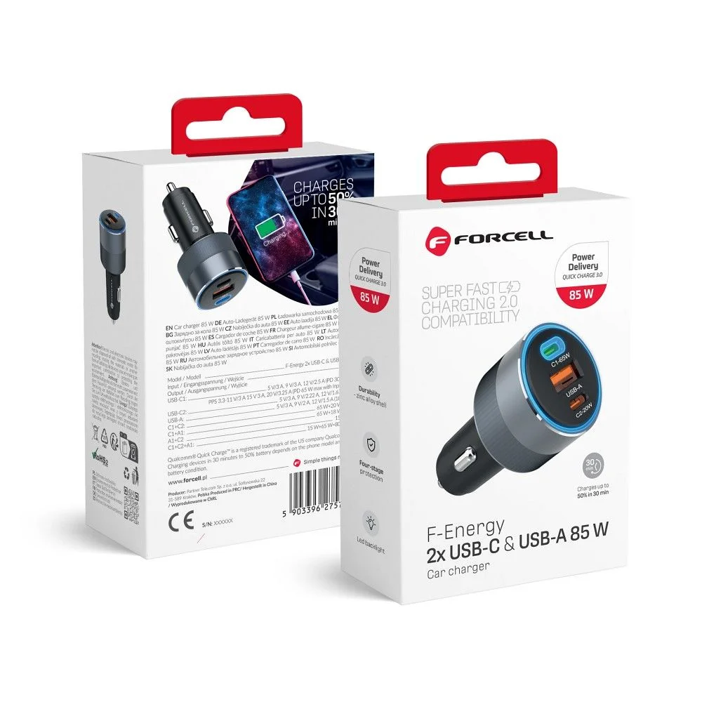 Φωτογραφία προϊόντος: FORCELL F-ENERGY Alu - car charger 85W PD+QC4.0+Samsung SFC2.0, 2xUSB C+USB A