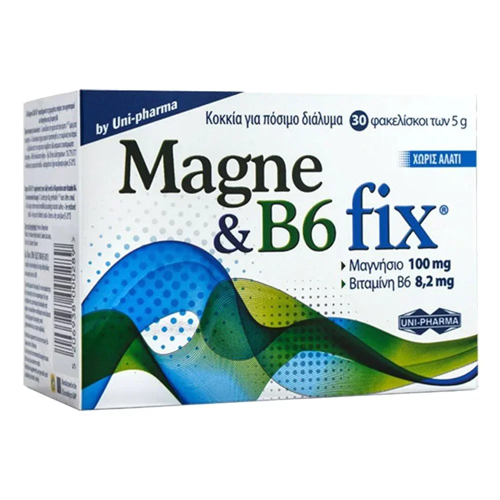 Φωτογραφία προϊόντος: Uni Pharma Uni-Pharma Magne + B6 Fix Συμπλήρωμα Διατροφής με Μαγνήσιο + Βιταμίνη B6, 30 φακελίσκοι
